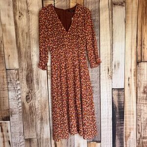 Madewell Dress Crossover Midi Clipdot Floral Size 2 Faux Wrap Prairie Brown NWT